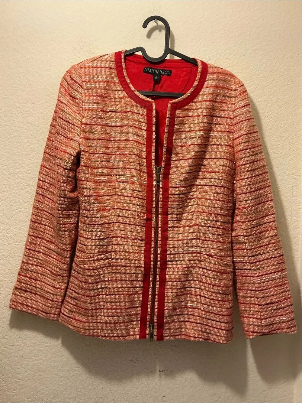 Lafayette 148 New York coral and red tweed zip-front jacket